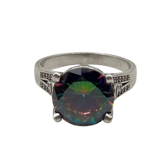 Sterling Silver Mystic Topaz Ring Sz 9 Rainbow 12mm Stone CZ Accents Art Deco - Picture 3 of 13
